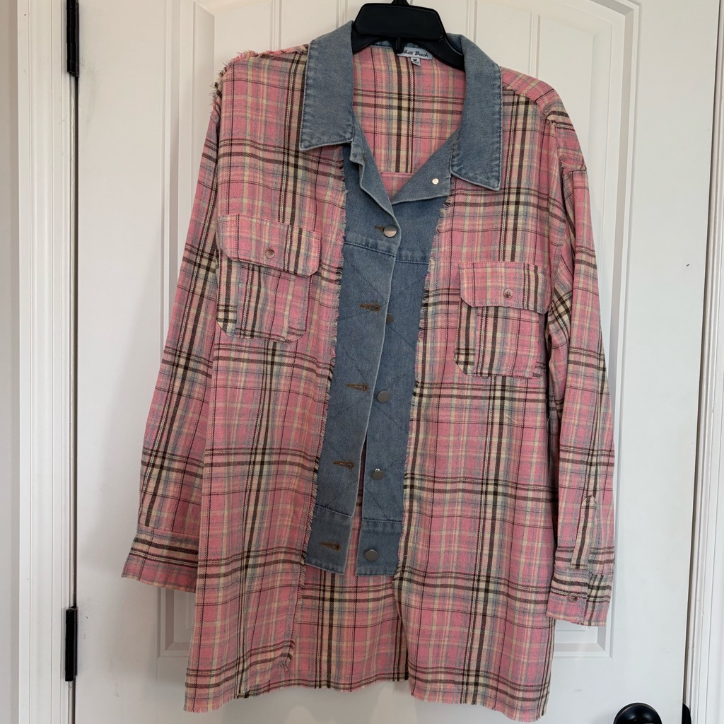 White Birch Pink And Blue Plaid Jean Shacket. New Without Tags.